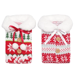 Knitted Christmas wine bottle covers with reindeer, snowflake patterns and plush fur collars