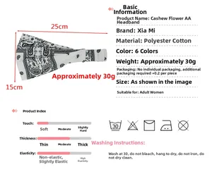 Detailed chart showing 15x25cm bohemian paisley headband made of soft polyester cotton