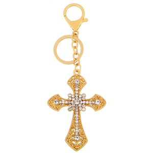 Rhinestone Cross Keychain Metal Hollow Out Vintage Pendant Bag Charm Car Accessory For Women With Lobster Clasp