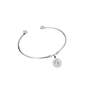 Minimalist silver titanium steel open bangle with a round crystal pendant and engraving