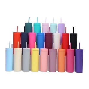 Matte 16oz double-walled plastic tumblers with lids and straws in multiple colors