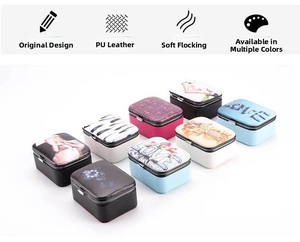 Detail view showing variety of printed PU leather jewelry boxes with soft flocking interior