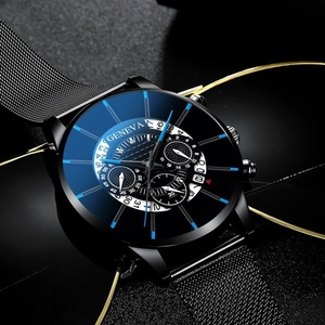 Detailed view of Geneva men's watch with black mesh strap and blue-tinted multi-dial glass
