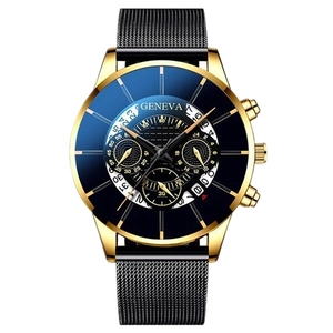 Detailed view of Geneva men's chronograph watch with blue dial and black mesh strap