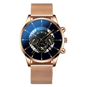 Detail of rose gold mesh strap watch with blue dial and date display window