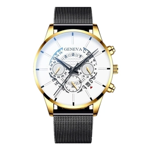 Detail of Geneva men's watch with white dial, chronograph sub-dials and black mesh strap