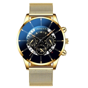Close-up of Geneva men's watch with golden mesh strap and blue chronograph dial