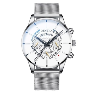 Silver Geneva men's watch with white dial, mesh strap and calendar display detail