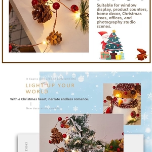 Close-up of LED Christmas string lights with pine cones and red berries on a warm background
