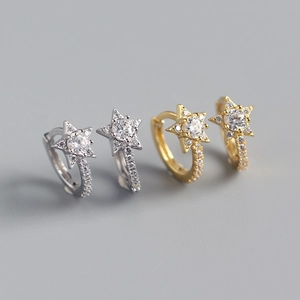 925 Sterling Silver Star Hoop Earrings With Zircon Inlaid Minimalist Korean Style Jewelry For Women