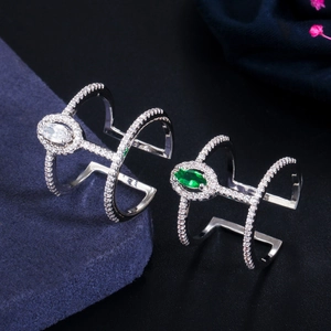 Minimalist silver open ring with marquise zircon stones in green and clear colors