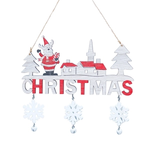 Wooden Christmas door hanging with red reindeer, white snowflakes, and small bells