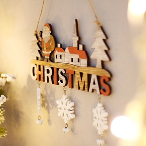 Wooden Christmas hanging sign with snowflake pendants and festive LED light background