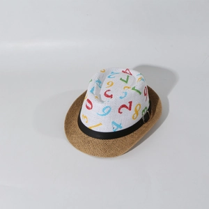 Close-up of kids straw fedora featuring white mesh top with colorful number prints