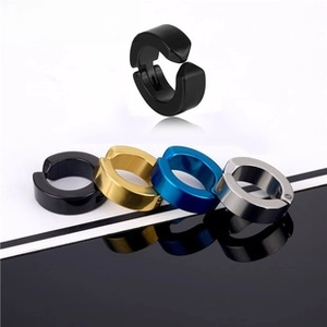 Polished stainless steel C-shaped ear cuffs in black, gold, blue, and silver finishes