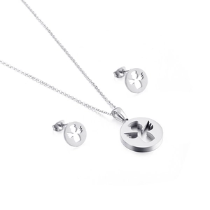 Polished stainless steel jewelry set featuring hollow angel pendant necklace and stud earrings