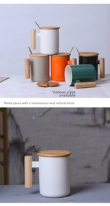Detail view of matte ceramic mugs with wooden handles and matching lids in multiple colors