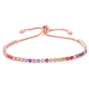 Adjustable rose gold bracelet with vibrant round-cut rainbow cubic zirconia stones