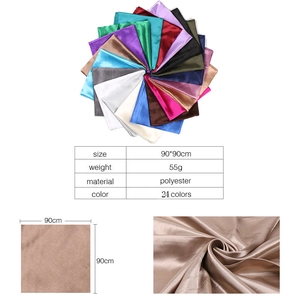 Detailed fabric texture and 24-color palette of the 90x90cm satin silk square scarf