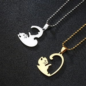 Cat silhouette and heart pendant stainless steel necklaces for couples in gold and silver