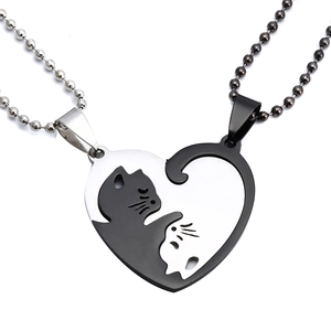 Cat couple necklace with stainless steel heart puzzle pendants on bead chains