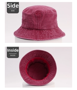 Side and inside detail view of a vintage washed red cotton bucket hat for outdoor sun protection