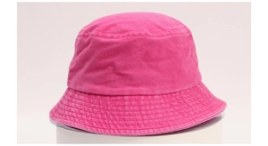 Detail of rose red washed cotton bucket hat with textured fabric on a white stand