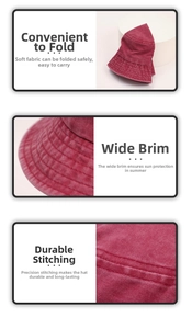 Detail view of foldable burgundy bucket hat with washed texture and wide brim stitching