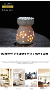 Close-up of a white ceramic lotus oil burner with a warm candle glow in a dark setting