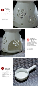 Detail of hollow ceramic oil burner with wide side opening and long handle candle tray
