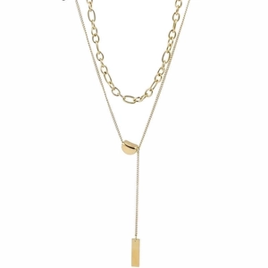 Double-layered gold titanium steel necklace with bean and bar pendants on white background
