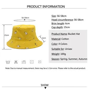 Cotton bucket hat with cartoon duck print showing detailed size specifications and dimensions