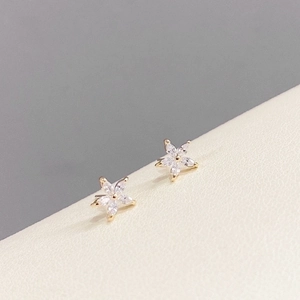 Golden five-petal flower stud earrings with sparkling white zircons for women