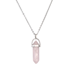 Polished silver chain necklace with a hexagonal pink crystal pendant on white background