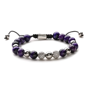 Detail of adjustable bracelet with purple tiger eye beads and pavé zircon accents