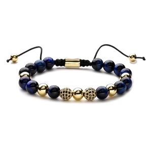 8mm blue tiger eye stone bracelet with gold zircon beads and adjustable black woven cord