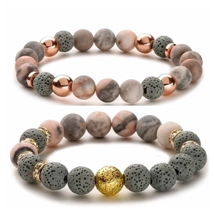 Yoga Lava- und Zebrastein Energie-Armbänder mit roségoldenen Strassstein-Abstandhaltern