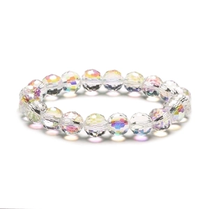 Rainbow crystal 10mm faceted glass bead bracelet with aurora borealis coating on white background