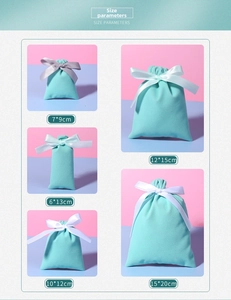 Size chart showing six mint green velvet jewelry pouches with ribbon drawstring closure