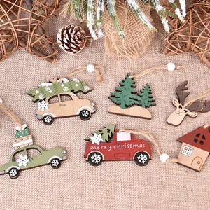 Handcrafted Christmas wooden ornaments set featuring vintage cars and reindeer icons