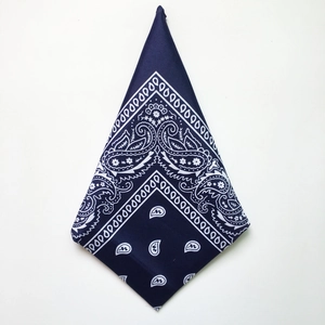 Detail of navy blue paisley bandana folded in diamond shape on white background