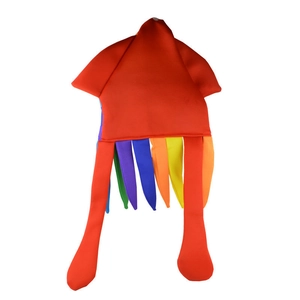 Funny red octopus party hat with colorful rainbow tentacles for costume and photo props
