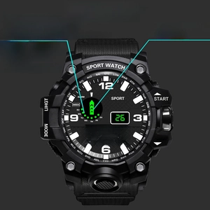 Detail of digital watch display showing week, date, alarm, and backlight functions