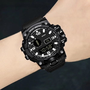 Detail view of dual-display waterproof digital sports watch with alarm and calendar functions