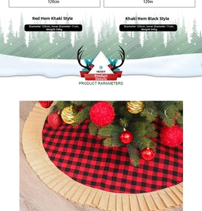 Detail of red and black plaid Christmas tree skirt with burlap ruffle edge and 120cm diameter