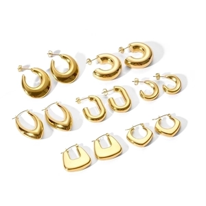 Set of 6 pairs of gold stainless steel hoop earrings in various geometric shapes