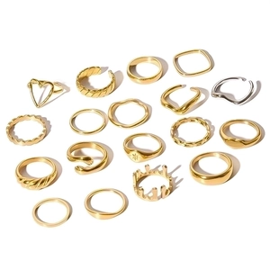 18K gold plated stainless steel ring set featuring diverse geometric and heart designs