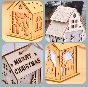 Detail view of laser-cut wooden Christmas pendant with warm LED light and snowflake design