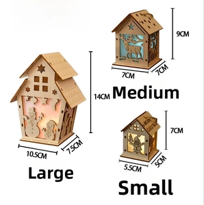 Detailed size guide for wooden Christmas LED house ornaments in small, medium, and large