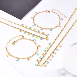 Titanium Steel Star Moon Jewelry Set For Women Blue Enamel Celestial Pendant Necklace Bracelet Gold Plated Fashion Jewelry